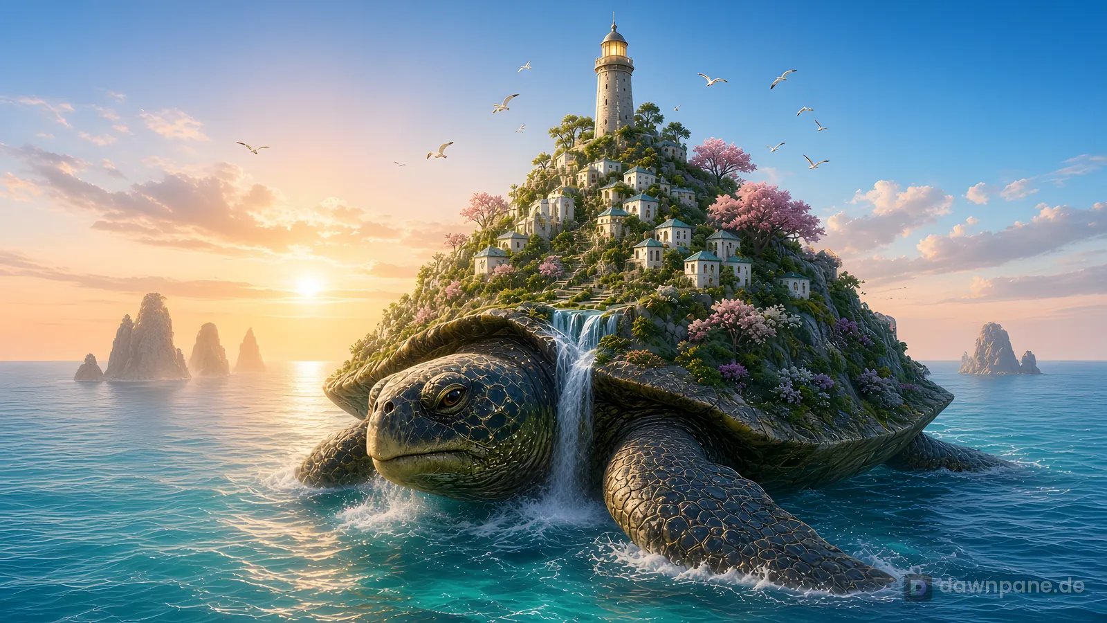 Giant sea turtle carrying an island village with a lighthouse at sunrise
