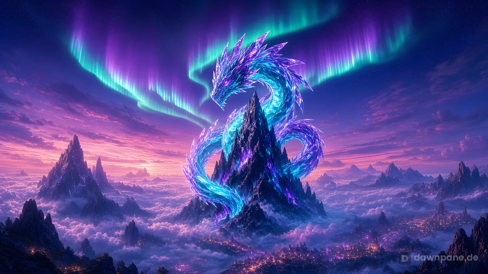 Crystal Dragon – fantasy desktop wallpaper: Glowing blue crystal dragon coiled around a mountain peak above the clouds under green and purple northern lights