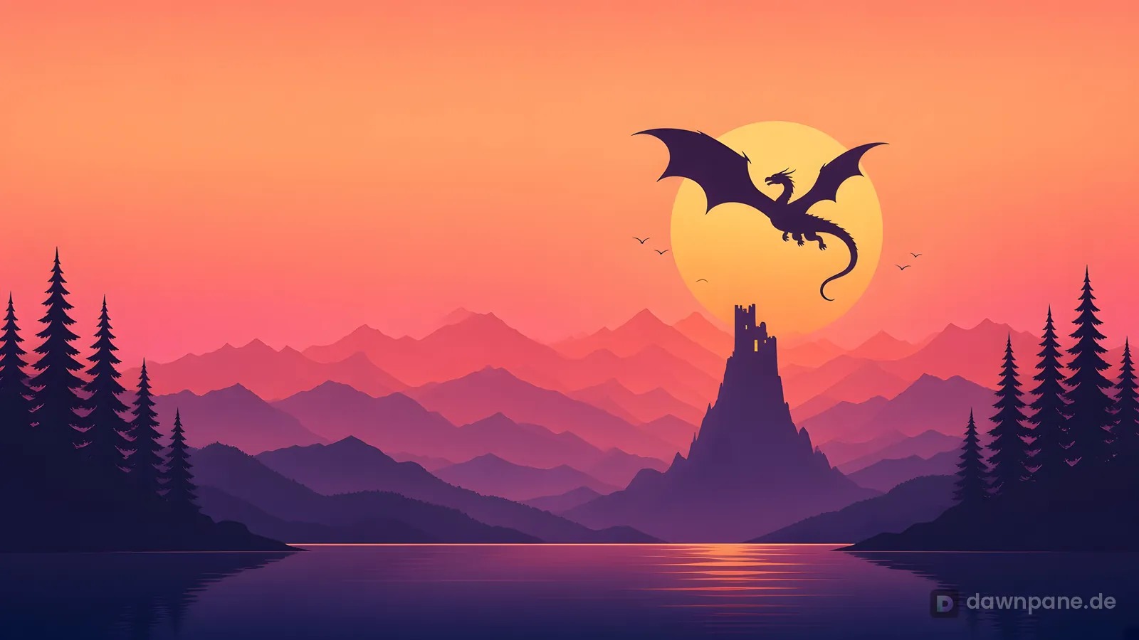 Minimalist dragon flying over a golden sun, mountain silhouettes and a castle spire above a lake