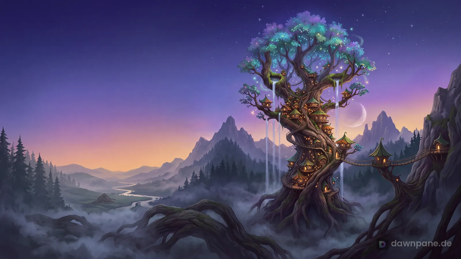 A colossal ancient tree holds a whole treetop city of leaf-roofed wooden houses, spiral stairs and rope bridges, its lantern windows glowing at twilight