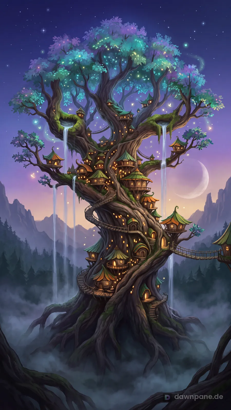 Elder Tree City fantasy wallpaper – Phone 9:16 / 19.5:9 preview