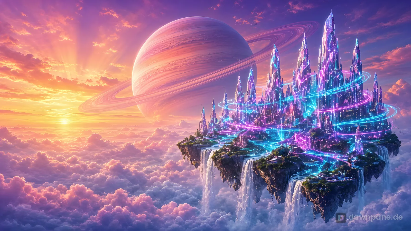 Floating Sky City – fantasy desktop wallpaper: Crystal city with neon light trails on a floating island above sunset clouds, a ringed planet in the sky