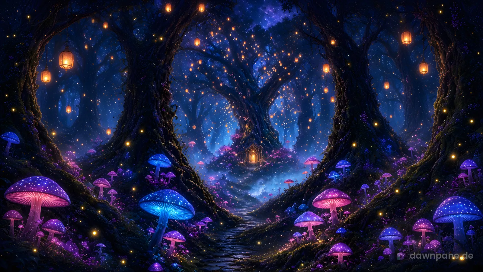 Lantern Forest – fantasy desktop wallpaper: Enchanted night forest with floating lanterns, glowing mushrooms and a stone path leading to a lit door in an ancient tree