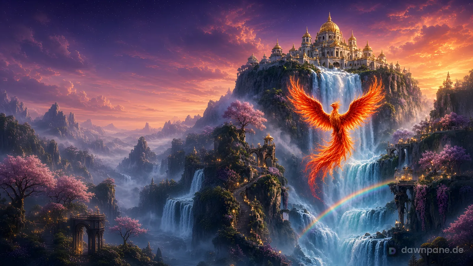 Flaming orange phoenix with spread wings in front of a huge waterfall below a golden domed temple at dusk, with a rainbow