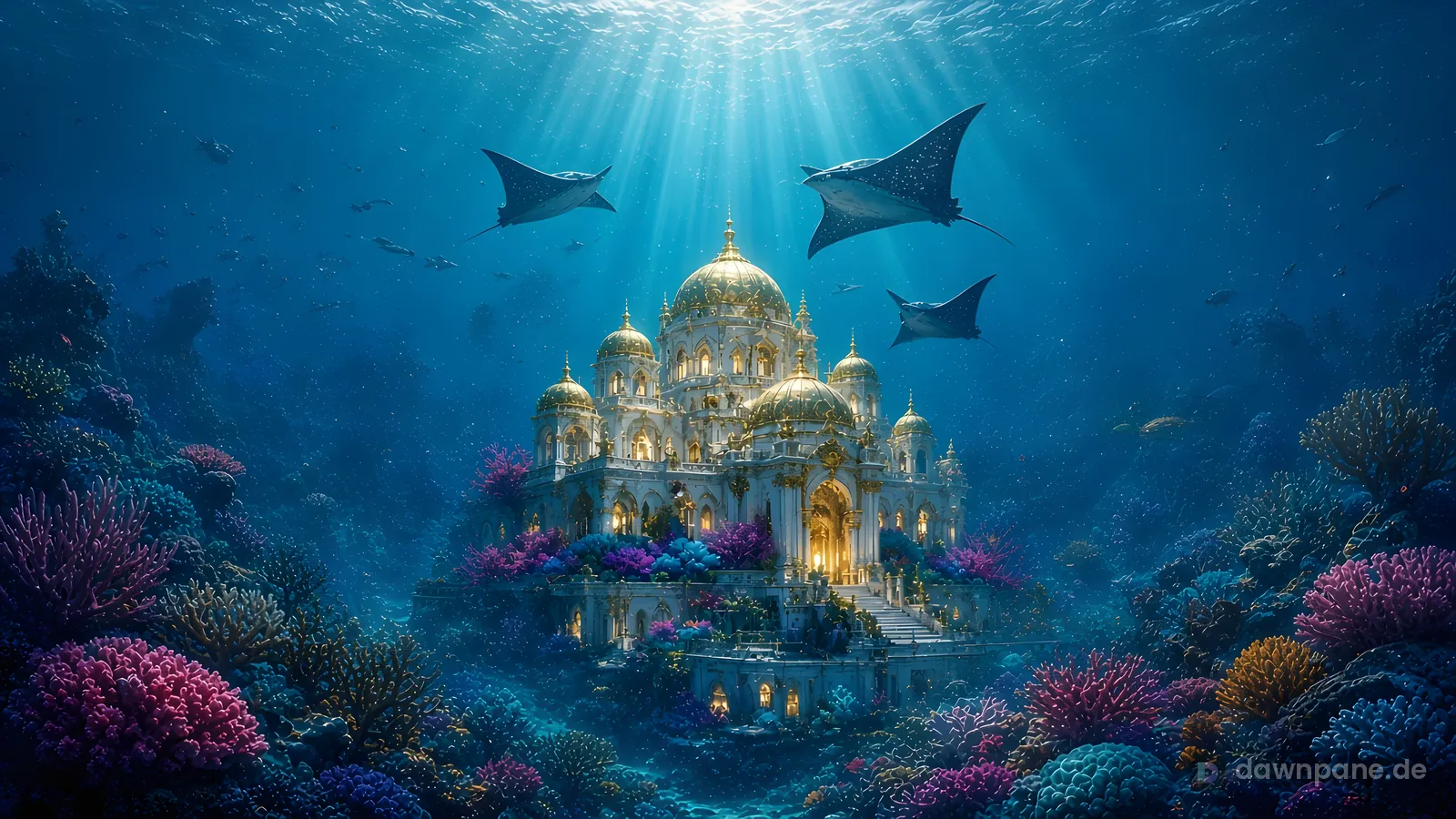 Sunken Palace – fantasy desktop wallpaper: Golden domed palace on the ocean floor between colorful coral reefs, with sun rays and manta rays above
